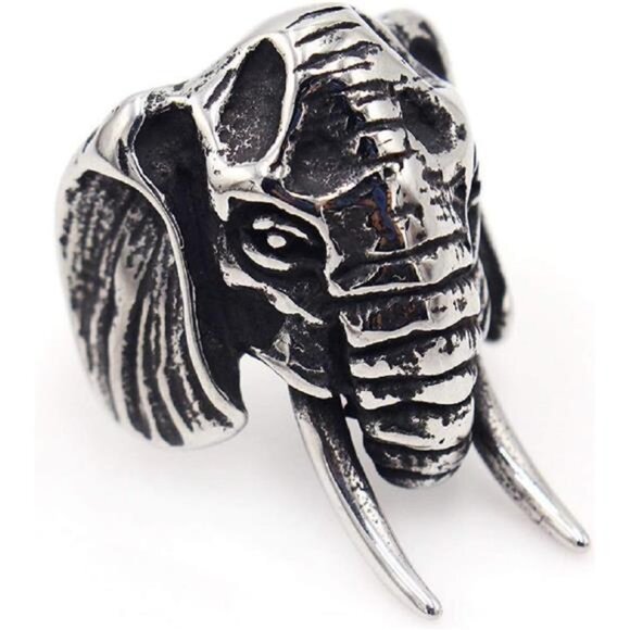 Zhubobo Mens Stainless Steel Animal Elephant Ring Size 7-13  Elephant Head Ring for Men, Stainless Steel Boho Ethnic Elephant Rings, Trendy